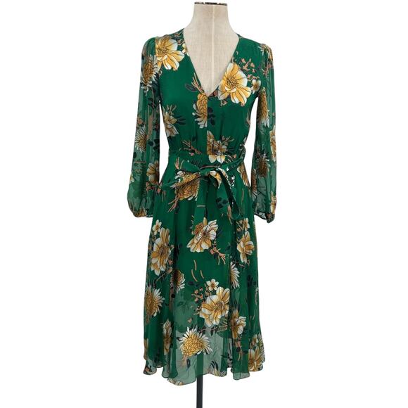 Alice + Olivia Coco Dress Floral Print Long Sleeve Silk Green Size‎ US 2 - Picture 2 of 16